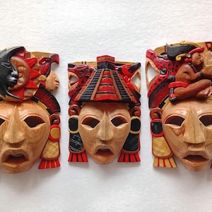 Red maya  warrior mask set of three  in cedar