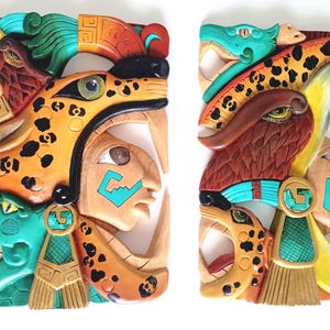 Colorful mayan aztec mexica decor  Eagle and jaguar warrior panels set of two in cedar