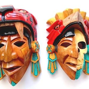 Red gold turquoise Eagle and jaguar warrior mask set of two in cedar