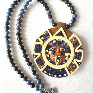 Five Mexica eras and Tlaloc Cedar Aztec calendar Necklace