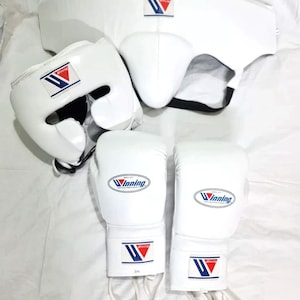 Winning White Boxing Gear Set: Gloves, Headgear & Groin Protector