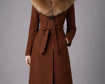 Manteau en laine marron avec col en fourrure pour femme | long manteau d'hiver avec ceinture | Vêtements d'extérieur chauds de luxe