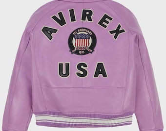 Avirex USA Lavender Leather Jacket – Bold Embroidered Bomber Style Retro Streetwear - Gift For Youu