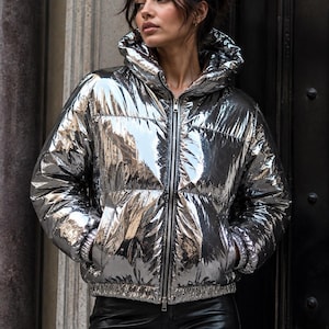 May include: A metallic silver puffer jacket with a high collar, a hood, and a full-length front zipper. The jacket features a quilted design with horizontal panels, long sleeves with ribbed cuffs, and a cinched hemline for a structured fit.
