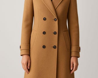 レディース冬用ダブルブレストコート ブラウンウールロングジャケット