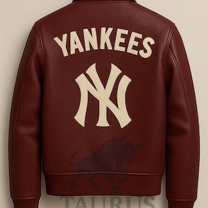 Yankees Leather Jacket – Burgundy Varsity Bomber | Dress Shirt Collar Jacket |NY Logo Patch Outerwear