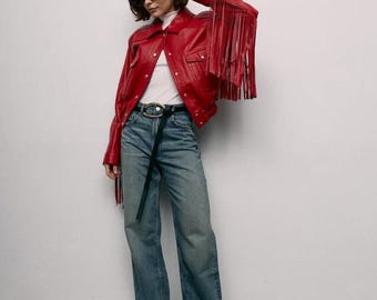 Leren damesjack met rode franje – western cowgirl – bohocoat festivaljack – cadeau voor haar