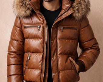 Men’s Brown Leather Puffer Jacket with Fur Hood | Quilted Winter Leather Coat | Luxury Warm Jacket for Men