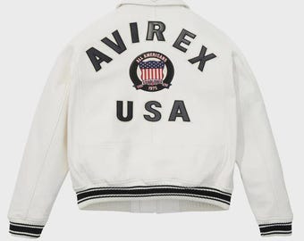 Avirex White Varsity Jacket: American Flag Crest, Retro Bomber