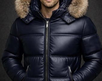 Men's Genuine Leather Puffer Jacket | Fur Hood Winter Coat