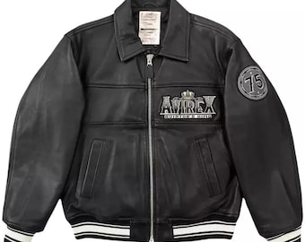 Avirex Black Leather Bomber Jacket: Men's Varsity Retro Streetwear