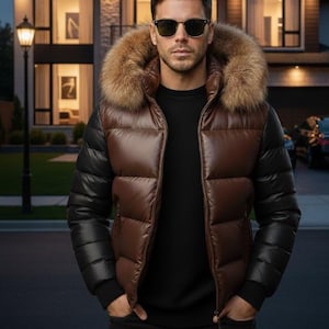 Men's Brown Leather Puffer Jacket | Fur Hood, Black Sleeves