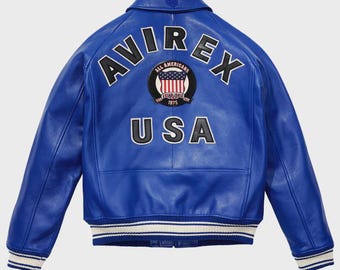 Avirex Blue Varsity Leather Jacket: Retro USA Flag Bomber