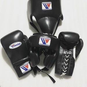 Winning Black Boxing Gear Set: Pro Lace-Up Gloves, Headgear & Groin Protector