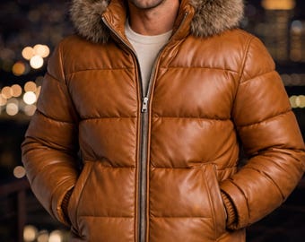 Men Leather Puffer Jacket with Fur Hood | Brown Quilted Winter Wear| - Gift For Him