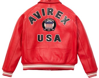 Chaqueta universitaria vintage de cuero rojo Avirex USA - Estilo bomber retro
