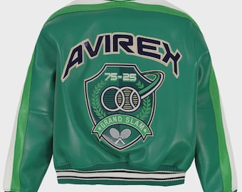 Giacca in pelle verde stile Avirex: bomber color block retrò