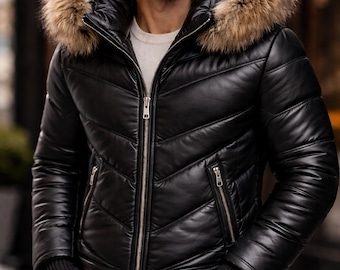 Men's Black Leather Puffer Jacket | Fur Hood, Chevron Quilted