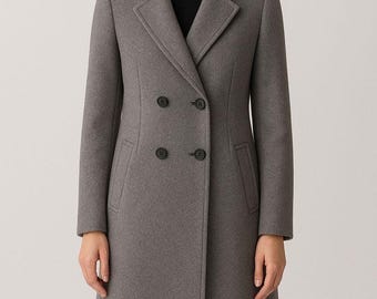 ロングウールコートレディース、グレーウールトレンチコート、ダブル