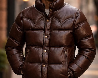 Giubbotto imbottito in vera pelle da uomo – Cappotto invernale trapuntato marrone