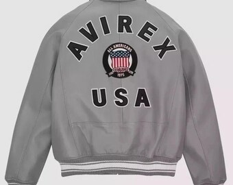Chaqueta bomber de cuero vintage Avirex USA: estilo universitario gris con parche All Americans