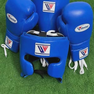 Winning Blue Boxing Gear Set: Lace-Up Gloves, Headgear & Shin Guards