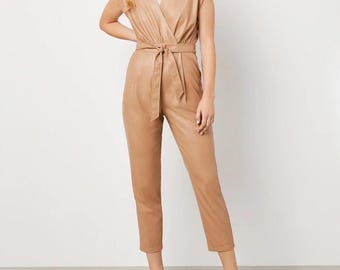 Women's Brown Lambskin Leather Belted Utility Jumpsuit – Chic Streetwear Style-Leather Catsuit- Gift For You
