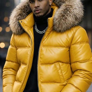 Men's Yellow Leather Puffer Jacket – Winter Fur Hood Coat