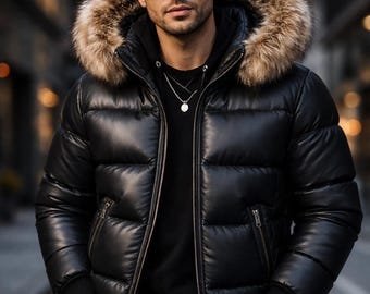 Unisex Black Leather Puffer Jacket with Fur Hood | Winter Luxury Quilted Jacket