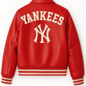 May include: A red leather jacket with the word "YANKEES" in white block letters across the upper back, and the team's logo below. The jacket has a ribbed collar, cuffs, and hem with cream and white stripes.