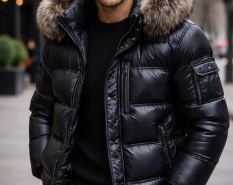 Men's Luxury Leather Puffer Jacket | Fur Hood, Quilted Parka