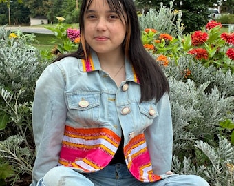 Native American, Ribbon Jean Jacket, Handcrafted, Denim Jacket, Satin Fringe, Opal inspired buttons, Colors:  Red, Pink, Yellow, White