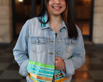 Jean Jacket, Native American Inspired, Satin Ribbon Fringe, Handcrafted, Colors: Lime Green, Turquoise, Bronze, Yellow. Decorative buttons