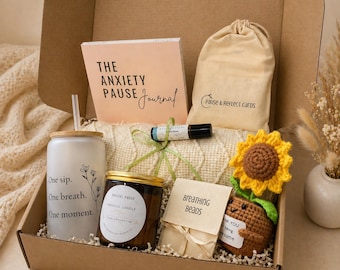 Coffret cadeau pour le soulagement de l'anxiété : aromathérapie, journal de pleine conscience et cartes de confirmation