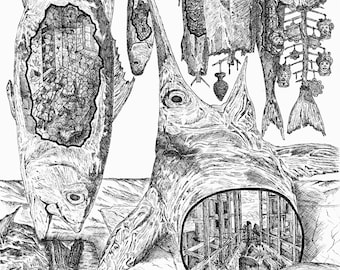 Disegno surreale a penna in bianco e nero - Pesci abitati