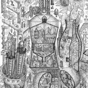 Impresión arquitectónica surrealista con cafetera en blanco y negro.