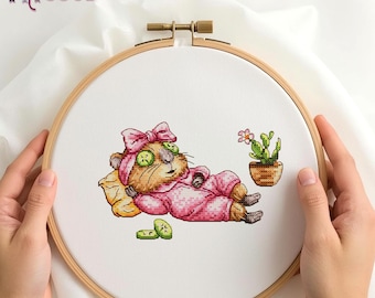 Funny Capybara Spa Day Cross Stitch Pattern, Kawaii Meme (PDF)
