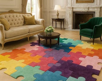 Hand Tufted Wool Puzzle Piece Rug | Rainbow Playroom Carpet