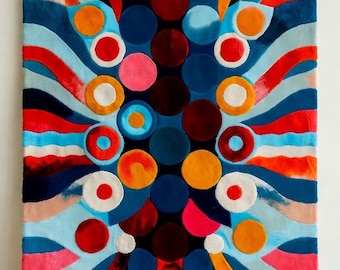 May include: A vibrant, abstract rug featuring a colorful design. The rug showcases a pattern of circles and curved lines in shades of blue, red, orange, pink, and white. The design is symmetrical, with a central column of dark circles.