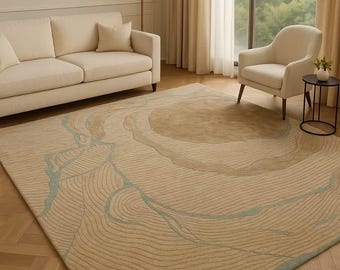 Hand Tufted Wool Silk Rug | Abstract Beige Living Room Carpet