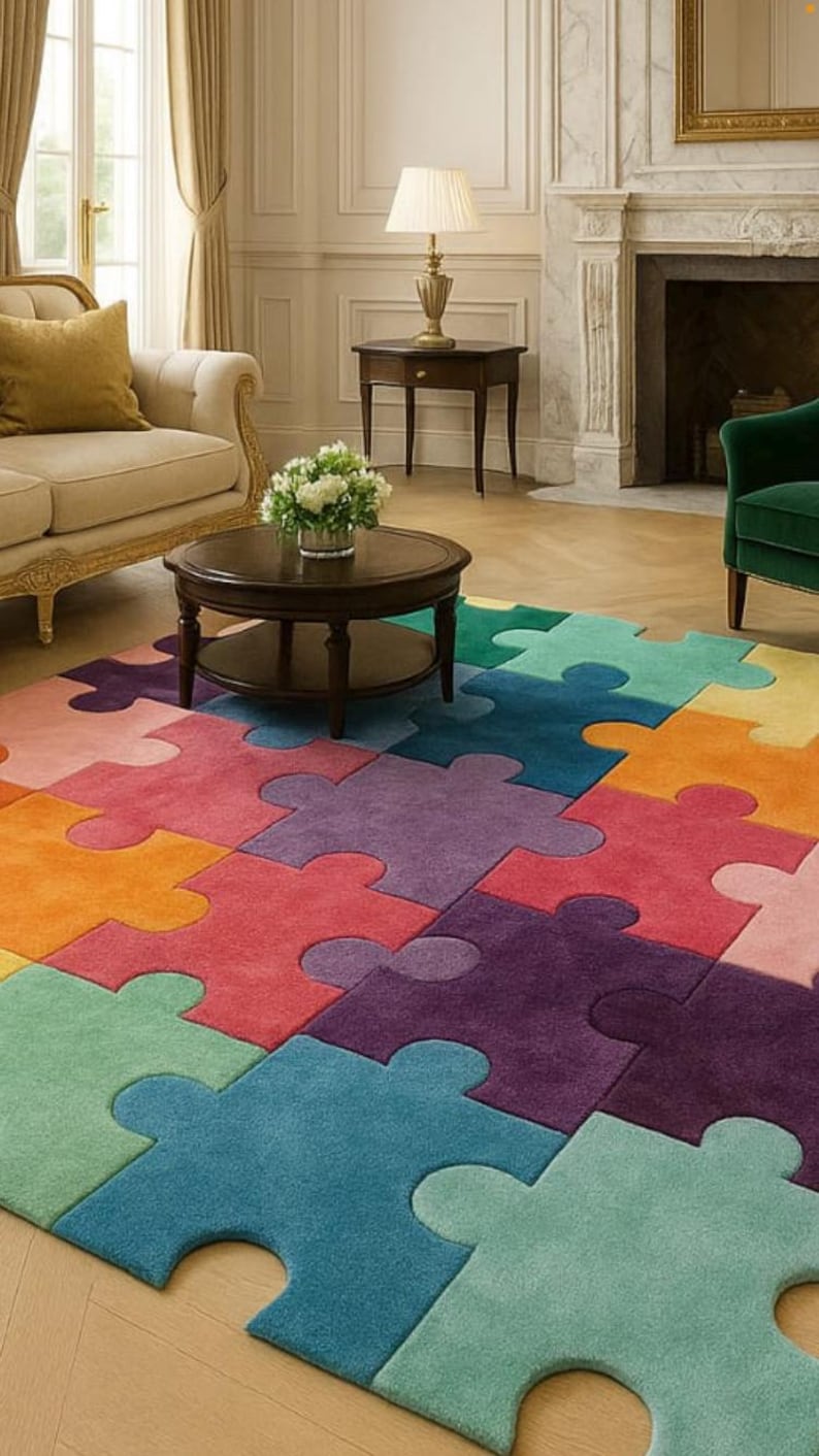 Jigsaw Abstract Block Pattern Rug Hand Tufted Wool Puzzle Piece Rug | Rainbow Playroom Carpet - Etsy