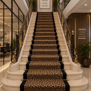 Könnte beinhalten: Eine große Treppe aus hellem Stein mit einem zentralen Teppichläufer im Leopardenmuster, der durch goldfarbene Metallstangen befestigt ist. Die Treppe hat schwarz-goldene Geländer und Wandschilder mit den Texten VISION INNOVATE INSPIRE SUCCEED und LEADERSHIP TEAMWORK INTEGRITY EXCELLENCE.