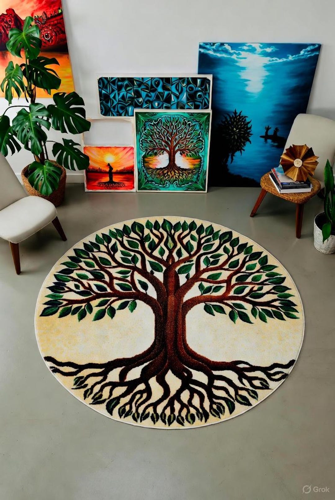 Tree Art Rug Hand Tufted Tree of Life Wool Rug – Round Boho Carpet - Etsy