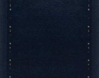 Tappeto Gabbeh in lana blu navy tessuto a mano - Bordo tribale minimale