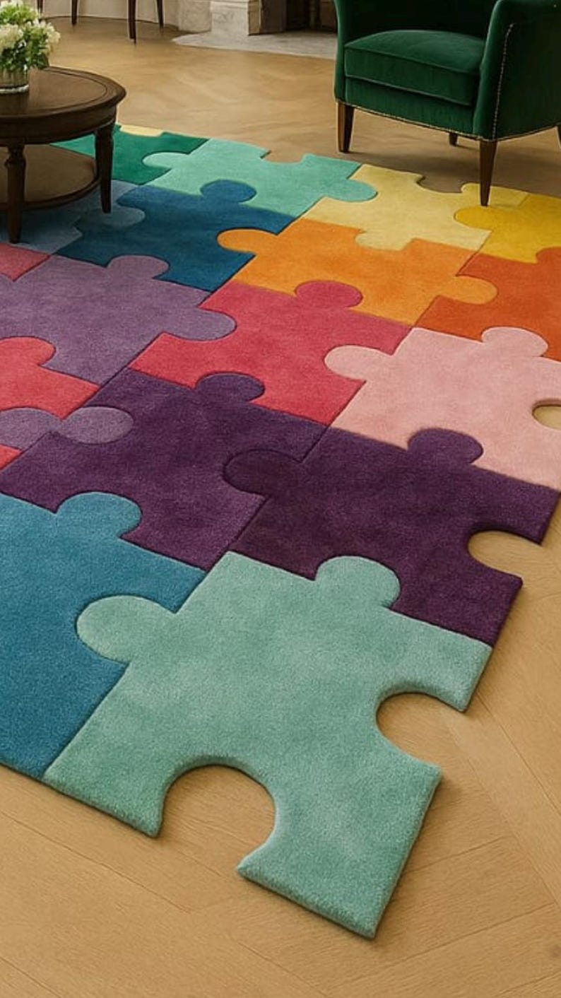 Modern Puzzle Rug Hand Tufted Wool Puzzle Piece Rug | Rainbow Playroom Carpet - Etsy