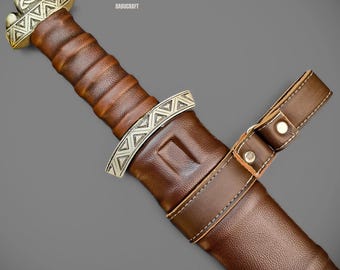 Hand Forged Damascus Steel Viking Sword, Rosewood Hilt, Leather Scabbard