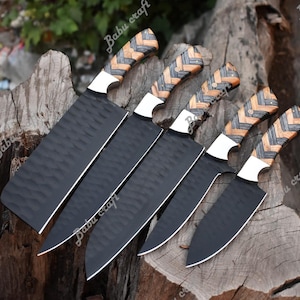 Hand-Forged Damascus Steel Kitchen Knife Set: Exotic Wood Handles, 5-Piece Chef Knives