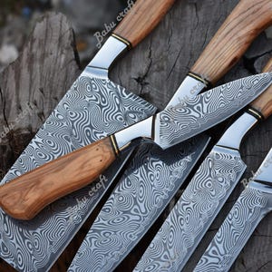 Handmade Damascus Steel Chef Knife Set: Olive Wood Handle
