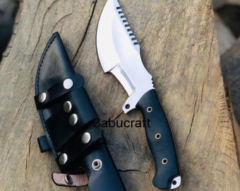 Cuchillo de caza Tracker de acero D2 hecho a mano: mango de micarta, funda de cuero.
