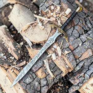 Hand Forged  Sword | Vine Engraved Blade, Brass Hilt, Leather Sheath, Display Collectible